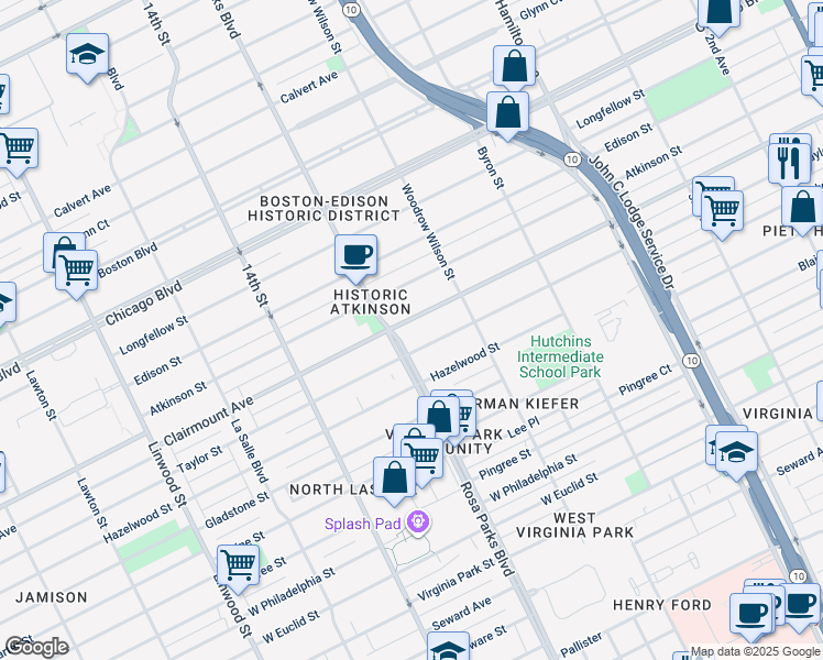 map of restaurants, bars, coffee shops, grocery stores, and more near 1723 Clairmount Avenue in Detroit