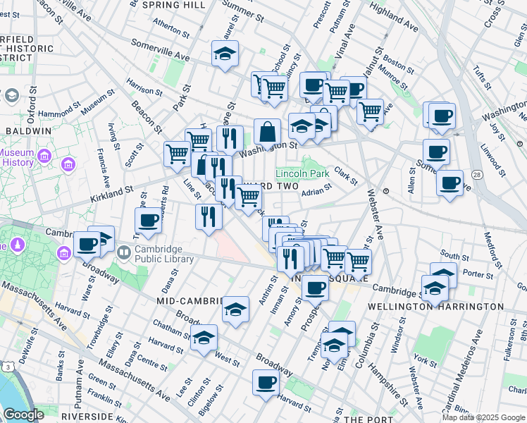 map of restaurants, bars, coffee shops, grocery stores, and more near 10 Wyatt Circle in Somerville