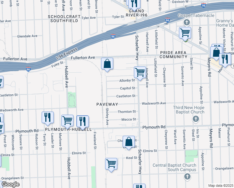 map of restaurants, bars, coffee shops, grocery stores, and more near 13750 Castleton Street in Detroit