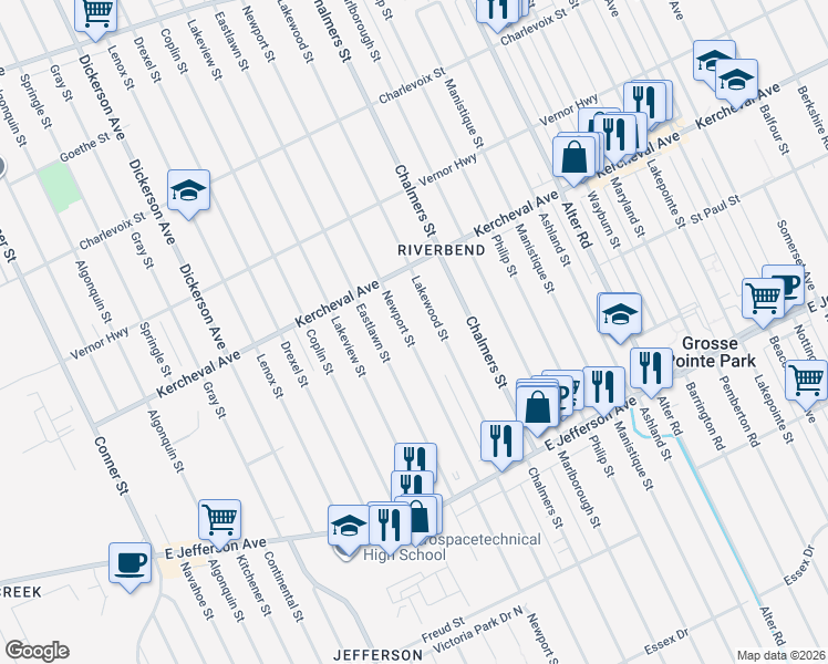 map of restaurants, bars, coffee shops, grocery stores, and more near 1334 Newport Street in Detroit