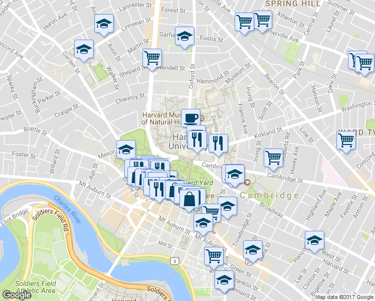 map of restaurants, bars, coffee shops, grocery stores, and more near 1 Oxford Street in Cambridge