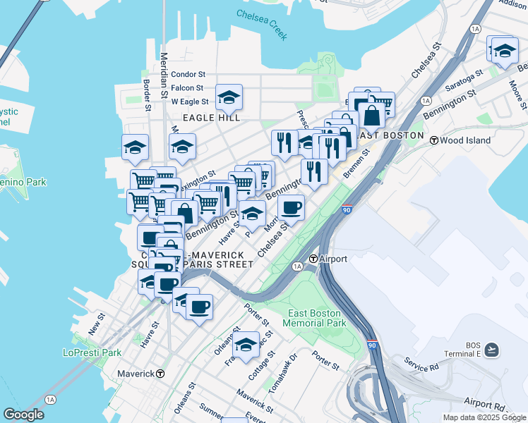 map of restaurants, bars, coffee shops, grocery stores, and more near 54 Brooks Street in Boston