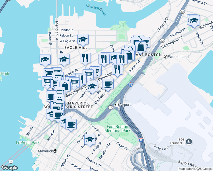 map of restaurants, bars, coffee shops, grocery stores, and more near 303 Paris Street in Boston