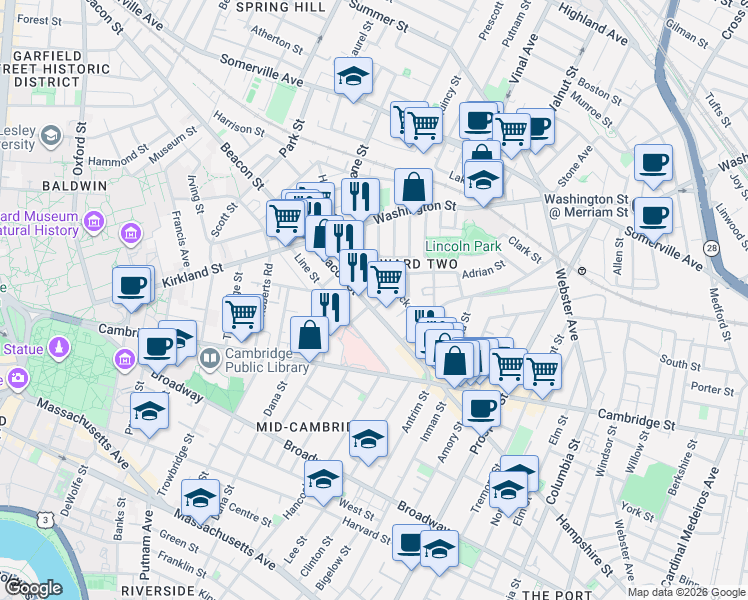 map of restaurants, bars, coffee shops, grocery stores, and more near 15 Buckingham Street in Somerville
