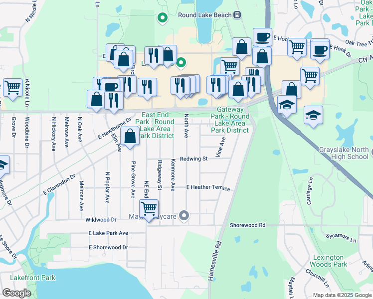 map of restaurants, bars, coffee shops, grocery stores, and more near 1519 North Avenue in Round Lake Beach