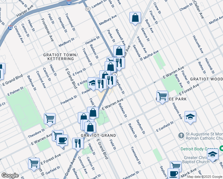map of restaurants, bars, coffee shops, grocery stores, and more near 7644 Gratiot Avenue in Detroit
