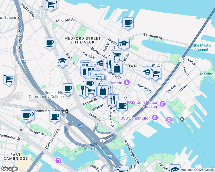 map of restaurants, bars, coffee shops, grocery stores, and more near 27 Wood Street in Boston