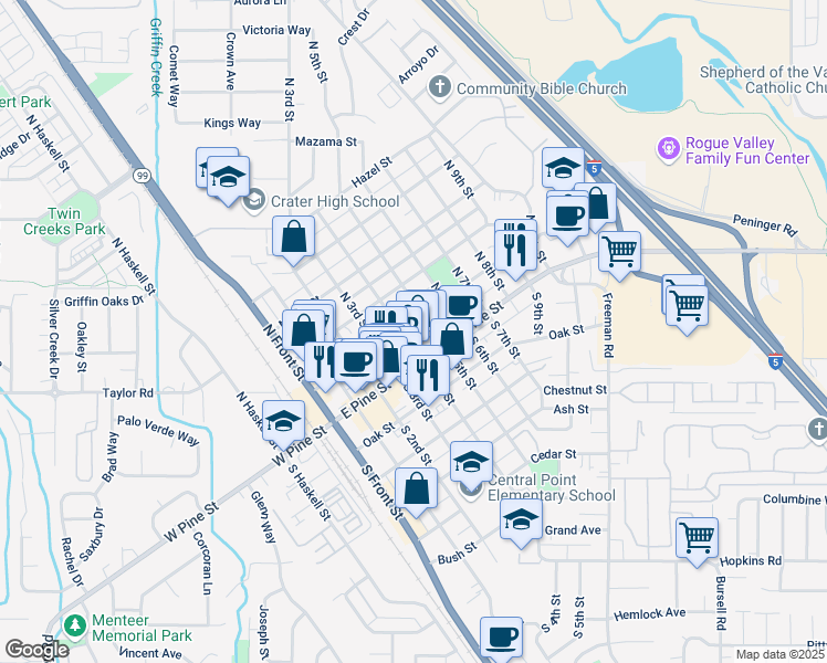 map of restaurants, bars, coffee shops, grocery stores, and more near 424 Manzanita Street in Central Point