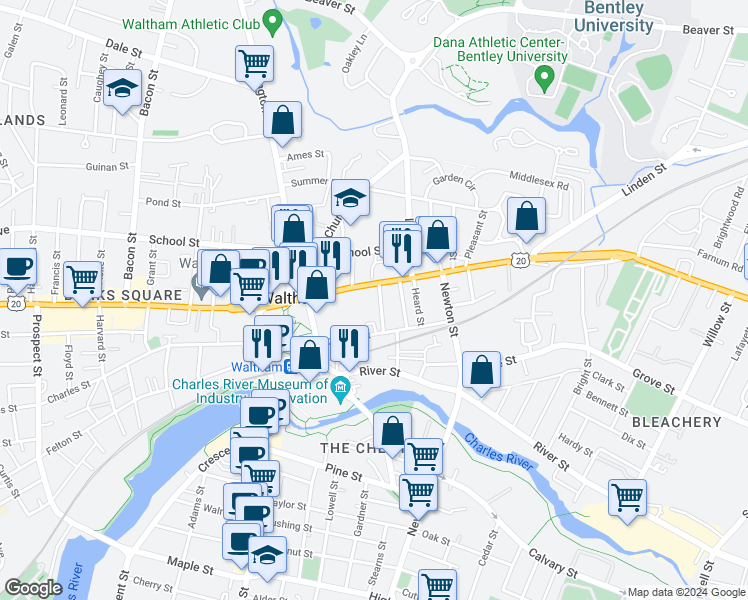 map of restaurants, bars, coffee shops, grocery stores, and more near 11 Appleton Street in Waltham