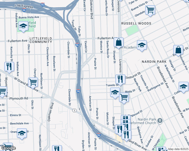 map of restaurants, bars, coffee shops, grocery stores, and more near 12019 Prairie Street in Detroit