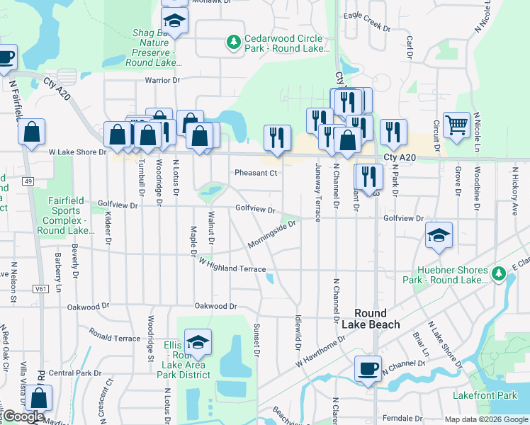 map of restaurants, bars, coffee shops, grocery stores, and more near 527 West Golfview Drive in Round Lake Beach
