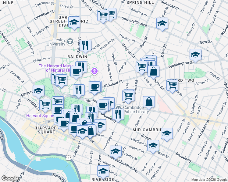 map of restaurants, bars, coffee shops, grocery stores, and more near in Cambridge