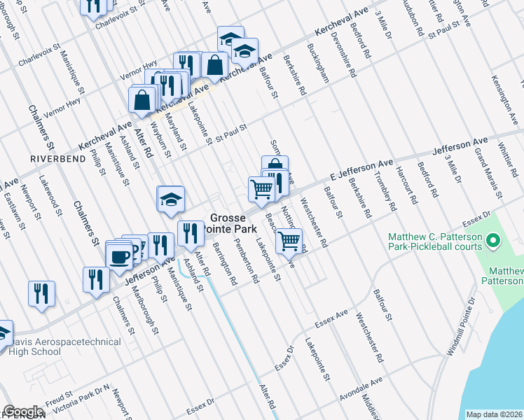 map of restaurants, bars, coffee shops, grocery stores, and more near in Grosse Pointe Park
