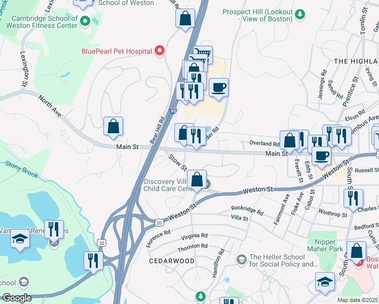 map of restaurants, bars, coffee shops, grocery stores, and more near 1254 Main Street in Waltham