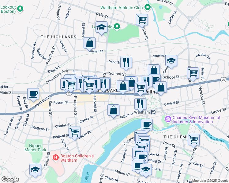 map of restaurants, bars, coffee shops, grocery stores, and more near 771 Main Street in Waltham