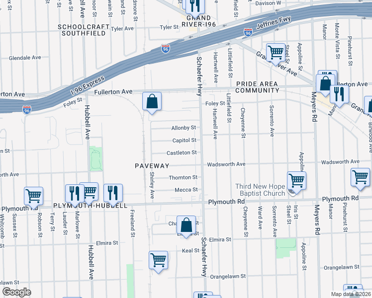map of restaurants, bars, coffee shops, grocery stores, and more near 13666 Castleton Street in Detroit