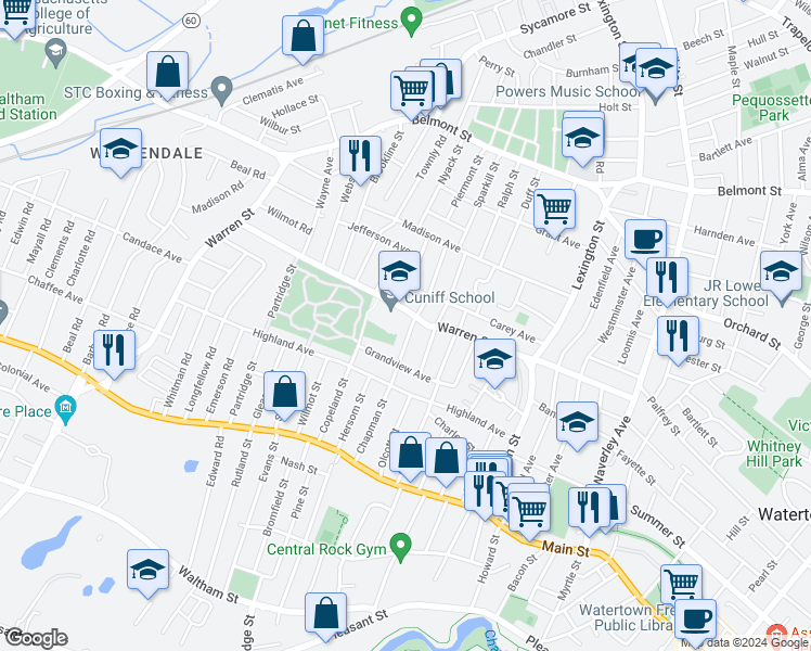 map of restaurants, bars, coffee shops, grocery stores, and more near 128 Chapman Street in Watertown