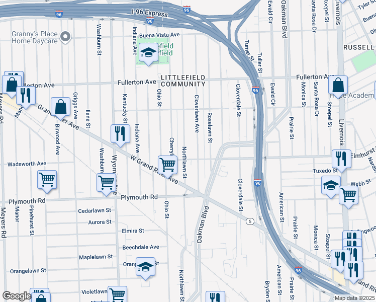 map of restaurants, bars, coffee shops, grocery stores, and more near 12034 Northlawn Street in Detroit