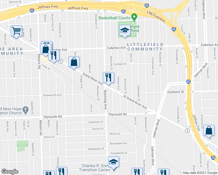 map of restaurants, bars, coffee shops, grocery stores, and more near 12033 Grand River Ave in Detroit