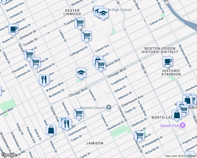 map of restaurants, bars, coffee shops, grocery stores, and more near 2700 West Chicago in Detroit