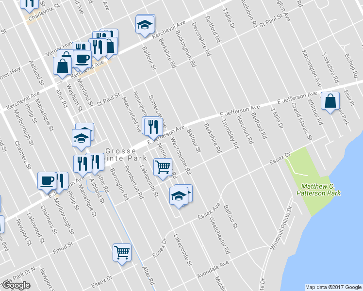 map of restaurants, bars, coffee shops, grocery stores, and more near 960 Westchester Road in Grosse Pointe Park