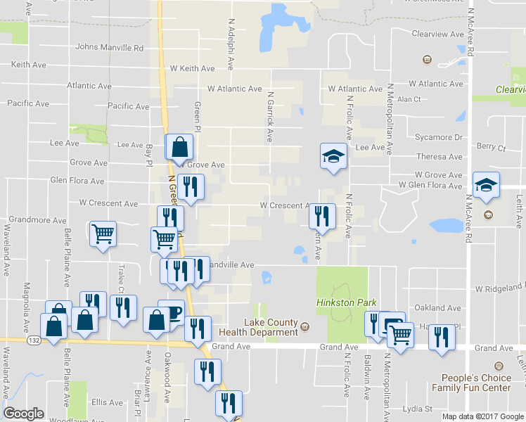 map of restaurants, bars, coffee shops, grocery stores, and more near 12645 West Crescent Avenue in Waukegan