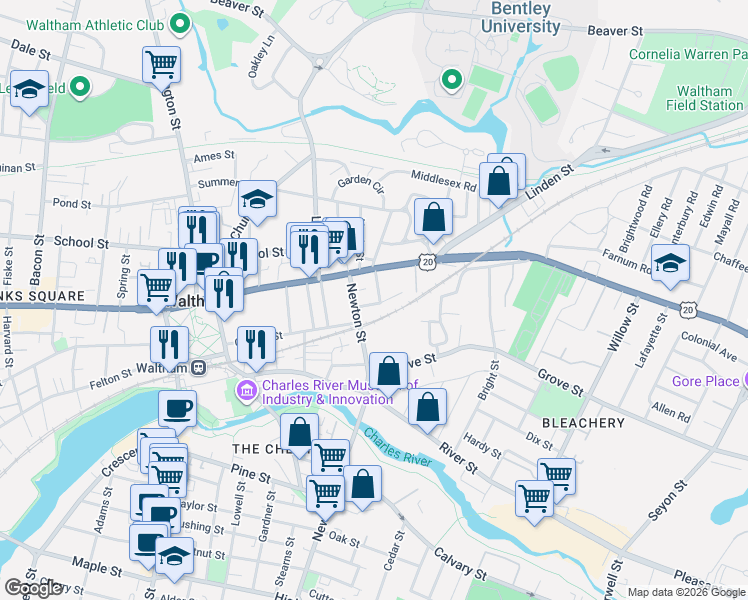 map of restaurants, bars, coffee shops, grocery stores, and more near 22 Townsend Street in Waltham