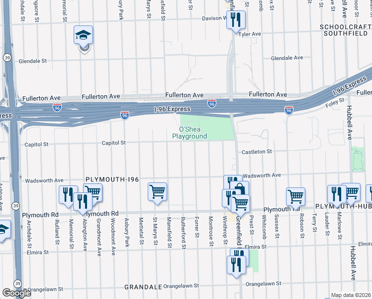 map of restaurants, bars, coffee shops, grocery stores, and more near 12122 Rutherford St in Detroit