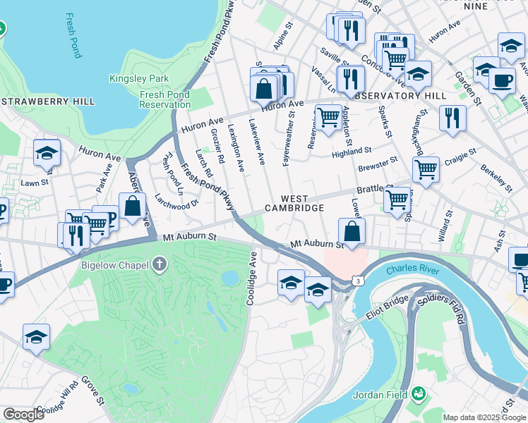 map of restaurants, bars, coffee shops, grocery stores, and more near 202 Brattle Street in Cambridge