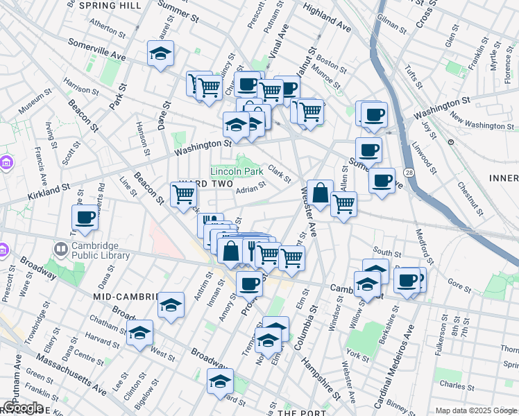 map of restaurants, bars, coffee shops, grocery stores, and more near 48 Concord Avenue in Somerville