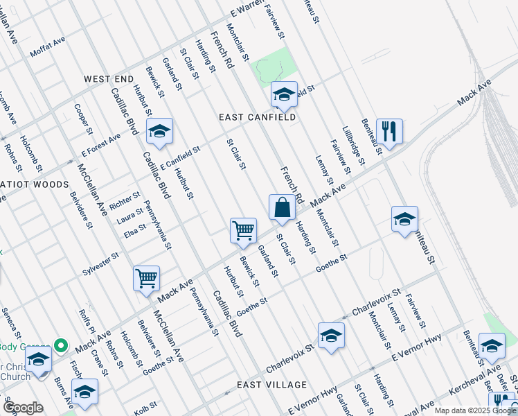 map of restaurants, bars, coffee shops, grocery stores, and more near 3783 Saint Clair Street in Detroit