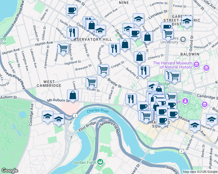 map of restaurants, bars, coffee shops, grocery stores, and more near 120 Brattle Street in Cambridge