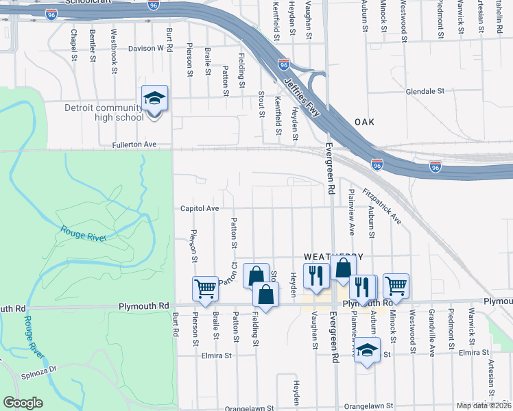 map of restaurants, bars, coffee shops, grocery stores, and more near 12200 Fielding Street in Detroit