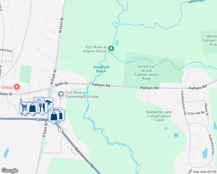 map of restaurants, bars, coffee shops, grocery stores, and more near 61 Pelham Road in Amherst