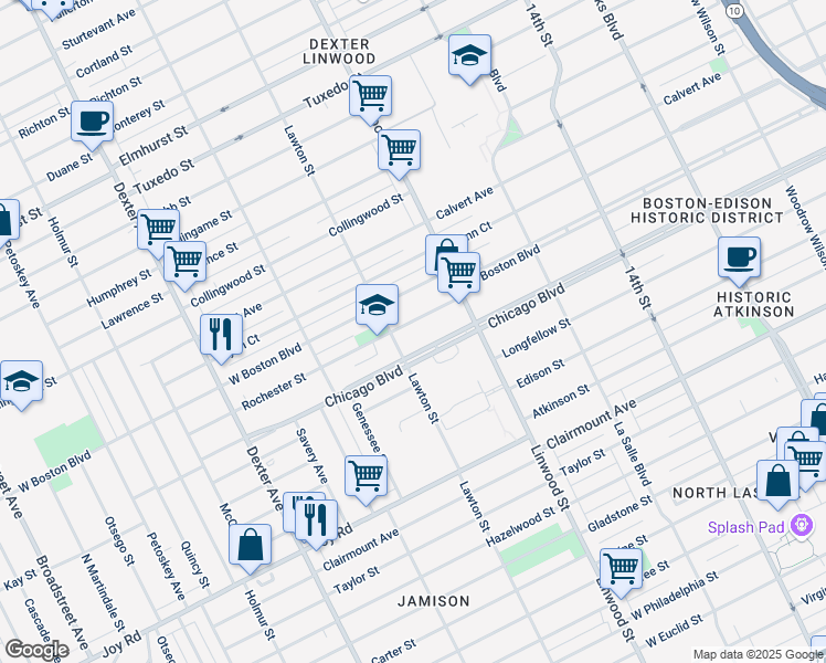 map of restaurants, bars, coffee shops, grocery stores, and more near 2715 Rochester Street in Detroit