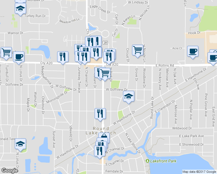 map of restaurants, bars, coffee shops, grocery stores, and more near 1522 North Park Drive in Round Lake Beach