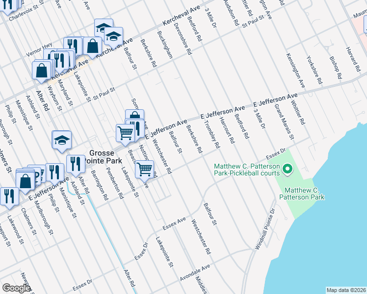 map of restaurants, bars, coffee shops, grocery stores, and more near 938 Balfour Street in Grosse Pointe Park