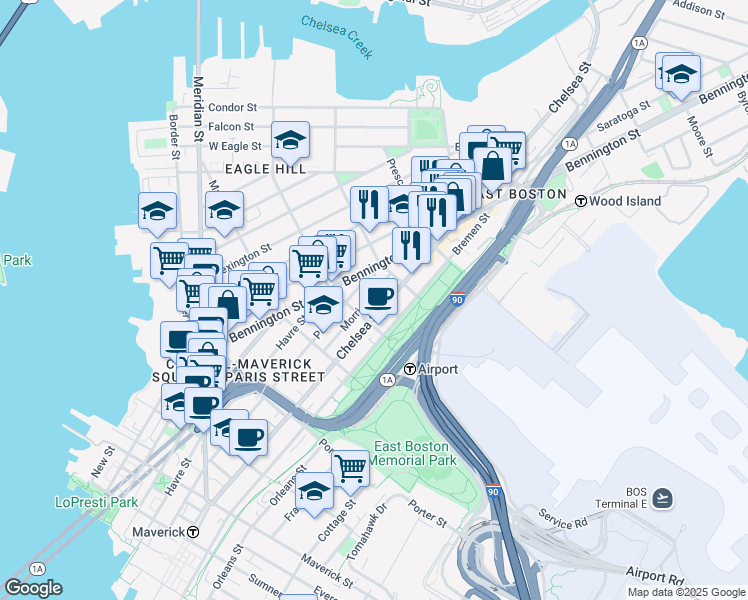 map of restaurants, bars, coffee shops, grocery stores, and more near 277 Chelsea Street in Boston