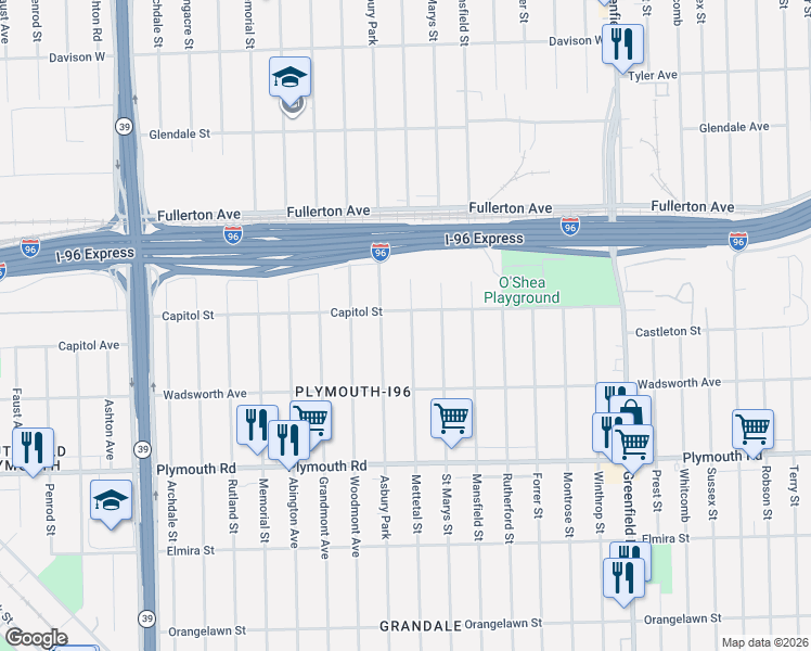 map of restaurants, bars, coffee shops, grocery stores, and more near 12131 Mettetal Street in Detroit