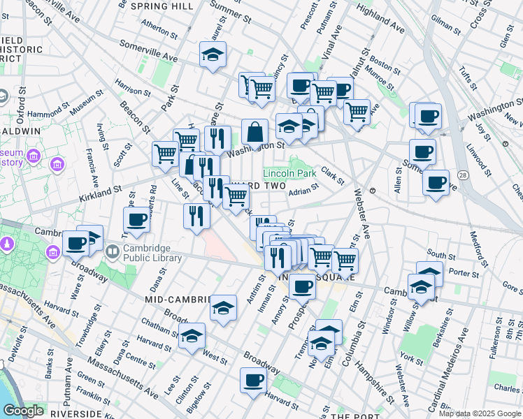 map of restaurants, bars, coffee shops, grocery stores, and more near 8 Wyatt Circle in Somerville