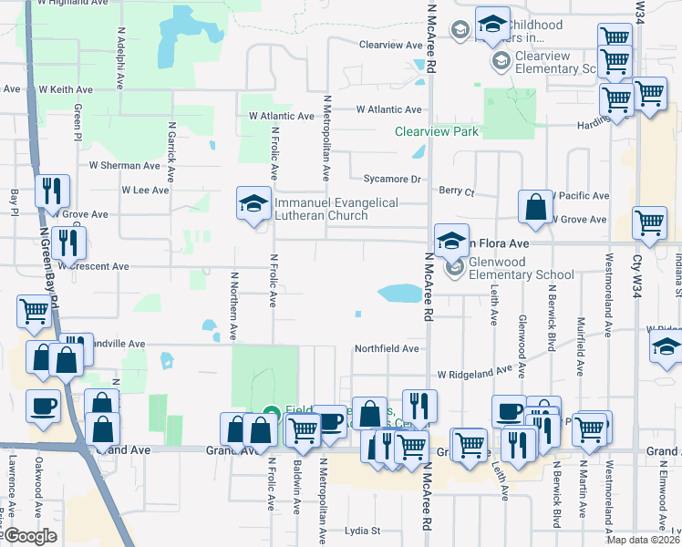 map of restaurants, bars, coffee shops, grocery stores, and more near 2801 West Glen Flora Avenue in Waukegan