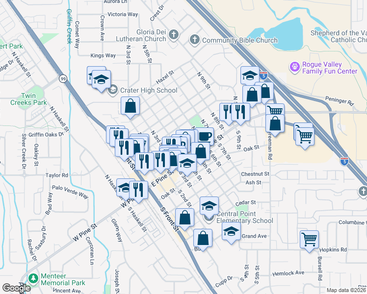 map of restaurants, bars, coffee shops, grocery stores, and more near 424 Manzanita Street in Central Point