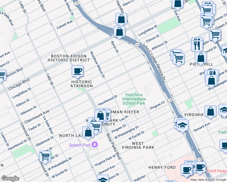 map of restaurants, bars, coffee shops, grocery stores, and more near 1557 Taylor Street in Detroit