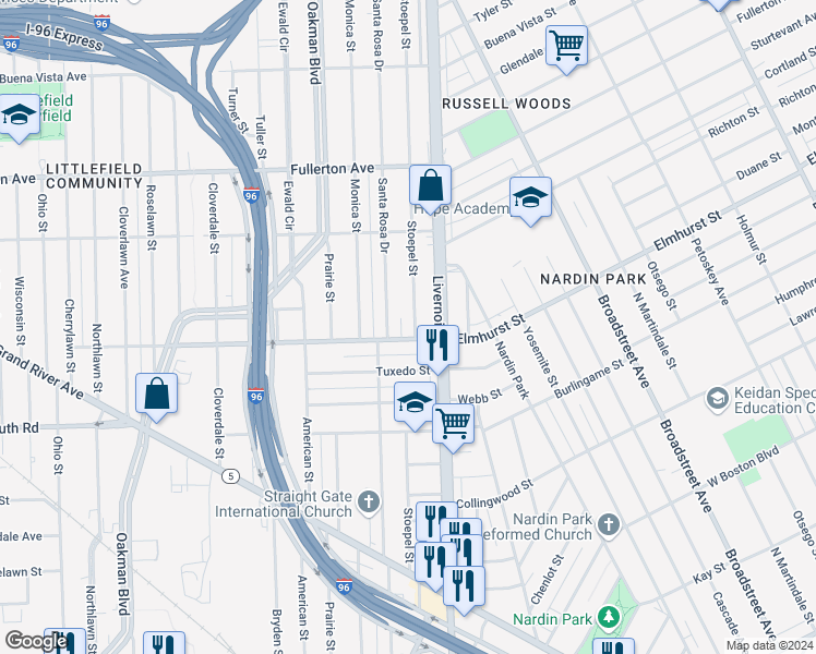 map of restaurants, bars, coffee shops, grocery stores, and more near 12019 Stoepel Street in Detroit