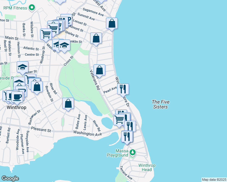 map of restaurants, bars, coffee shops, grocery stores, and more near 35 Pearl Avenue in Winthrop