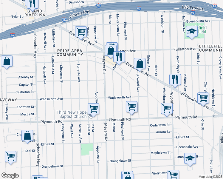 map of restaurants, bars, coffee shops, grocery stores, and more near 12059 Manor in Detroit