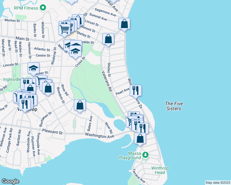 map of restaurants, bars, coffee shops, grocery stores, and more near 313 Shirley Street in Winthrop