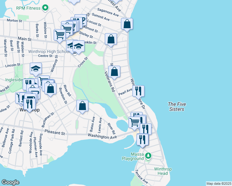map of restaurants, bars, coffee shops, grocery stores, and more near 313 Shirley Street in Winthrop