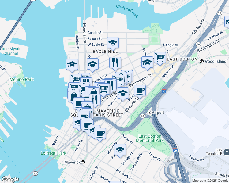 map of restaurants, bars, coffee shops, grocery stores, and more near 92 Bennington Street in Boston