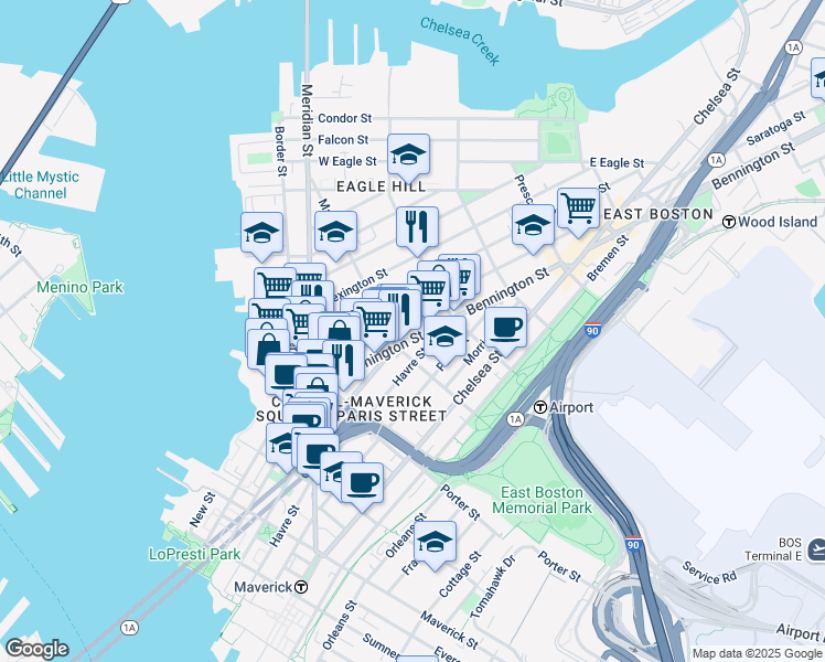 map of restaurants, bars, coffee shops, grocery stores, and more near 92 Bennington Street in Boston